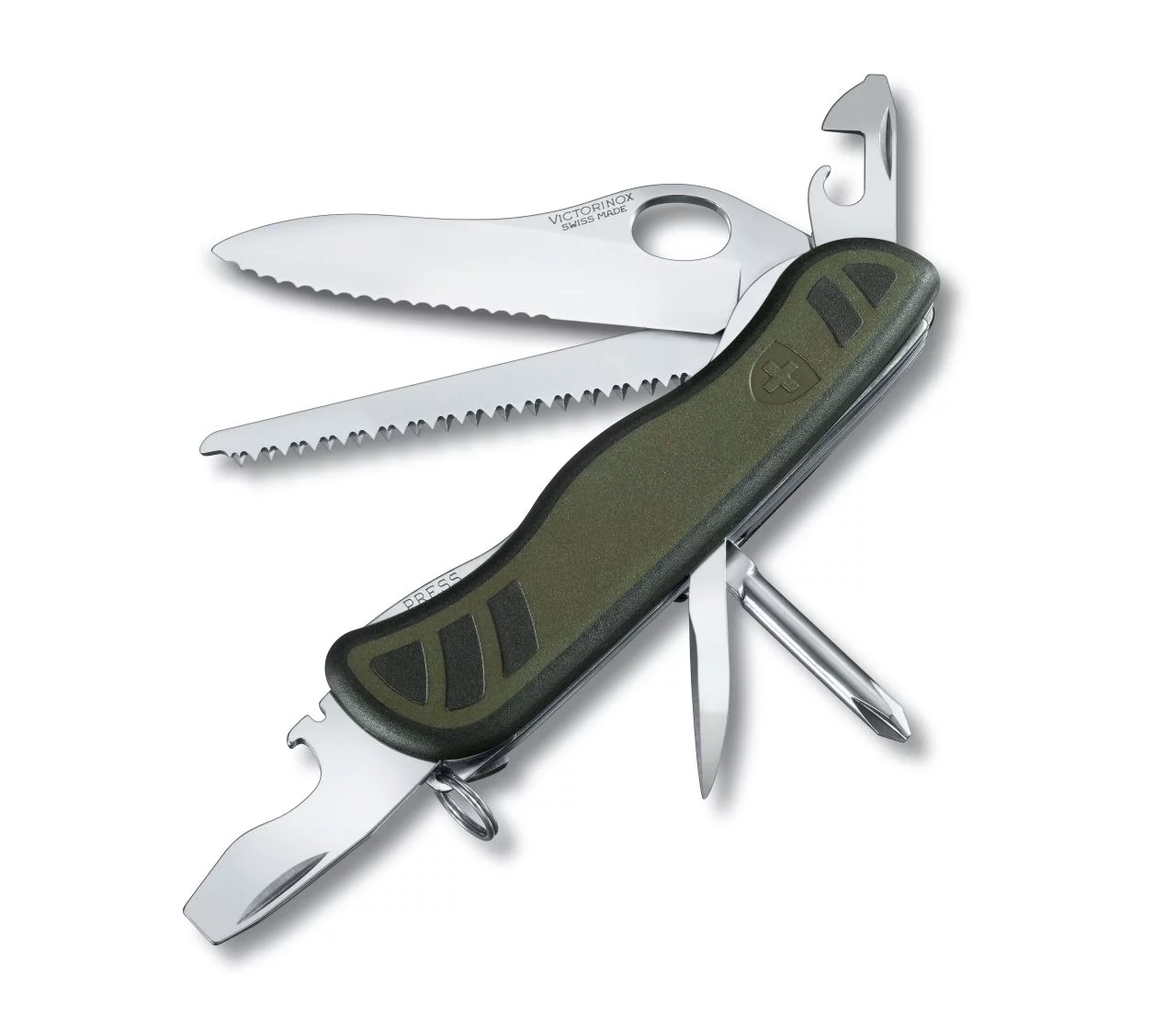 Zdjęcie produktu Scyzoryk Victorinox Swiss Soldier, 10 funkcji, dł.111mm, ząbkowany, ziel/czarny (0.8461.MWCH)