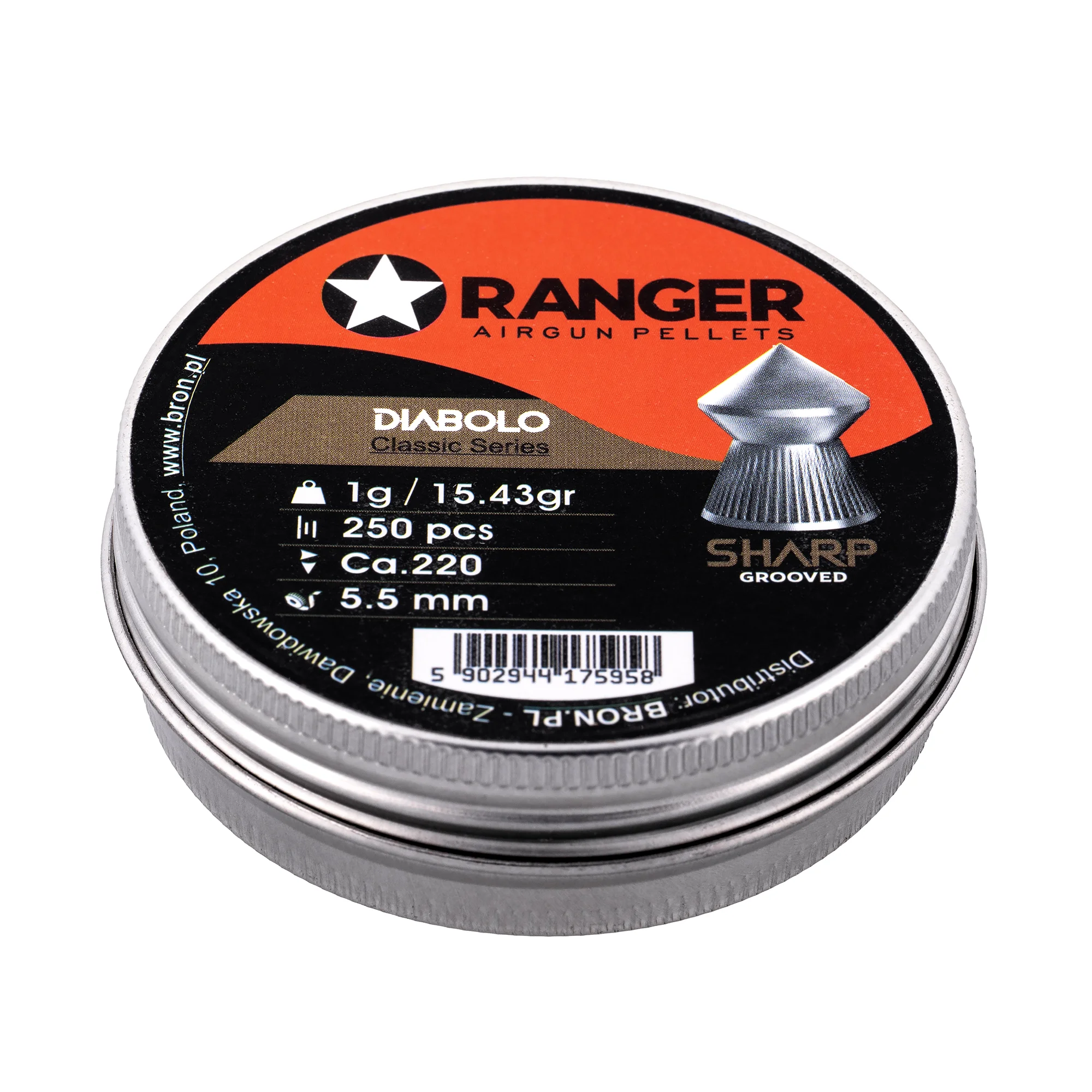 Zdjęcie produktu Śrut 5,5 mm Diabolo RANGER Classic Sharp Grooved szpic molet. 250 szt. 1,00 g