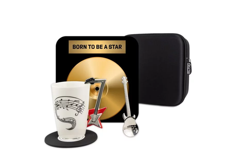 Zdjęcie produktu Kubek dla muzyka z gitarą - zestaw z podkładką i łyżeczką