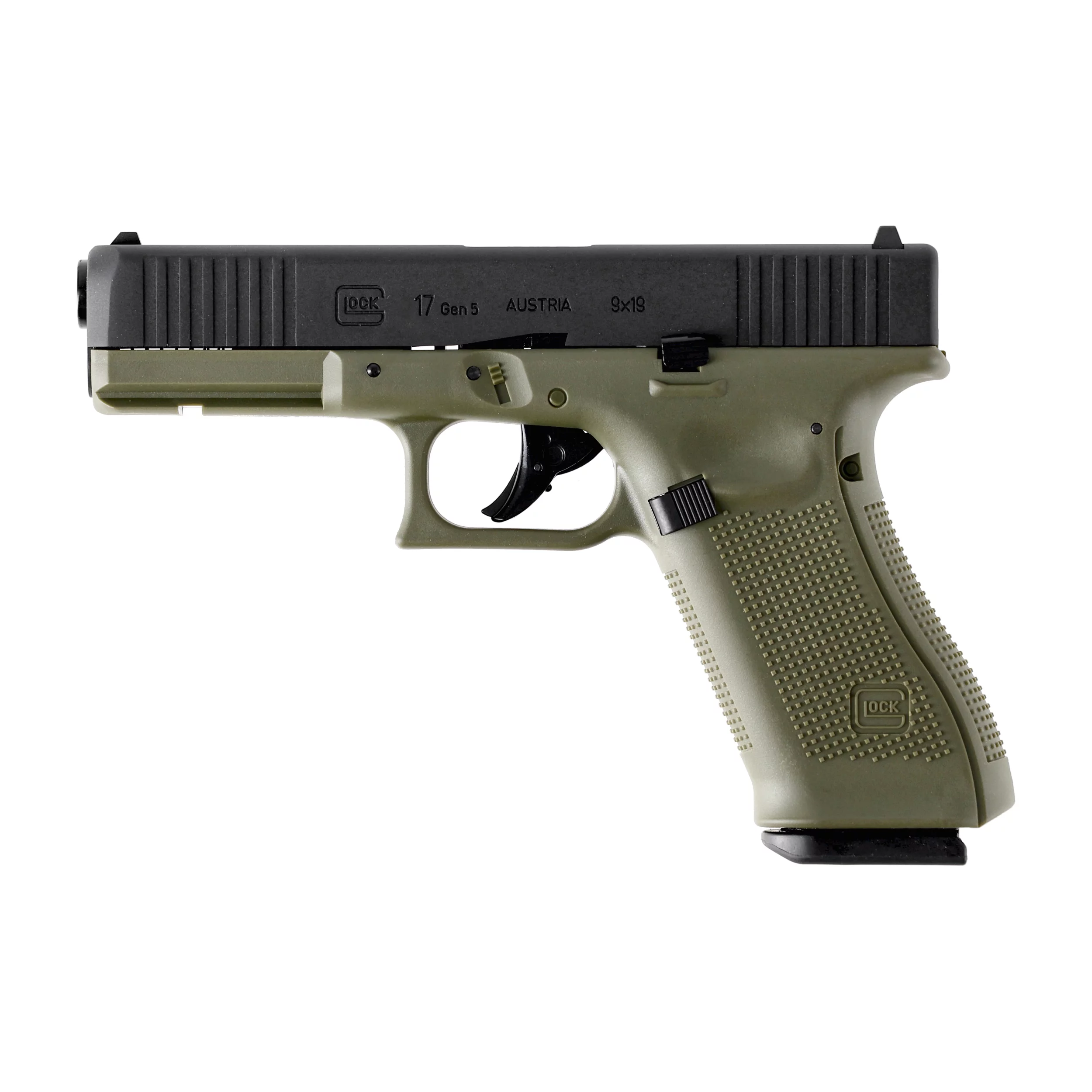Zdjęcie produktu Pistolet wiatrówka Glock 17 gen 5. 4,5 mm BB BlowBack 18-strzał. czarno zielony (5.8471)
