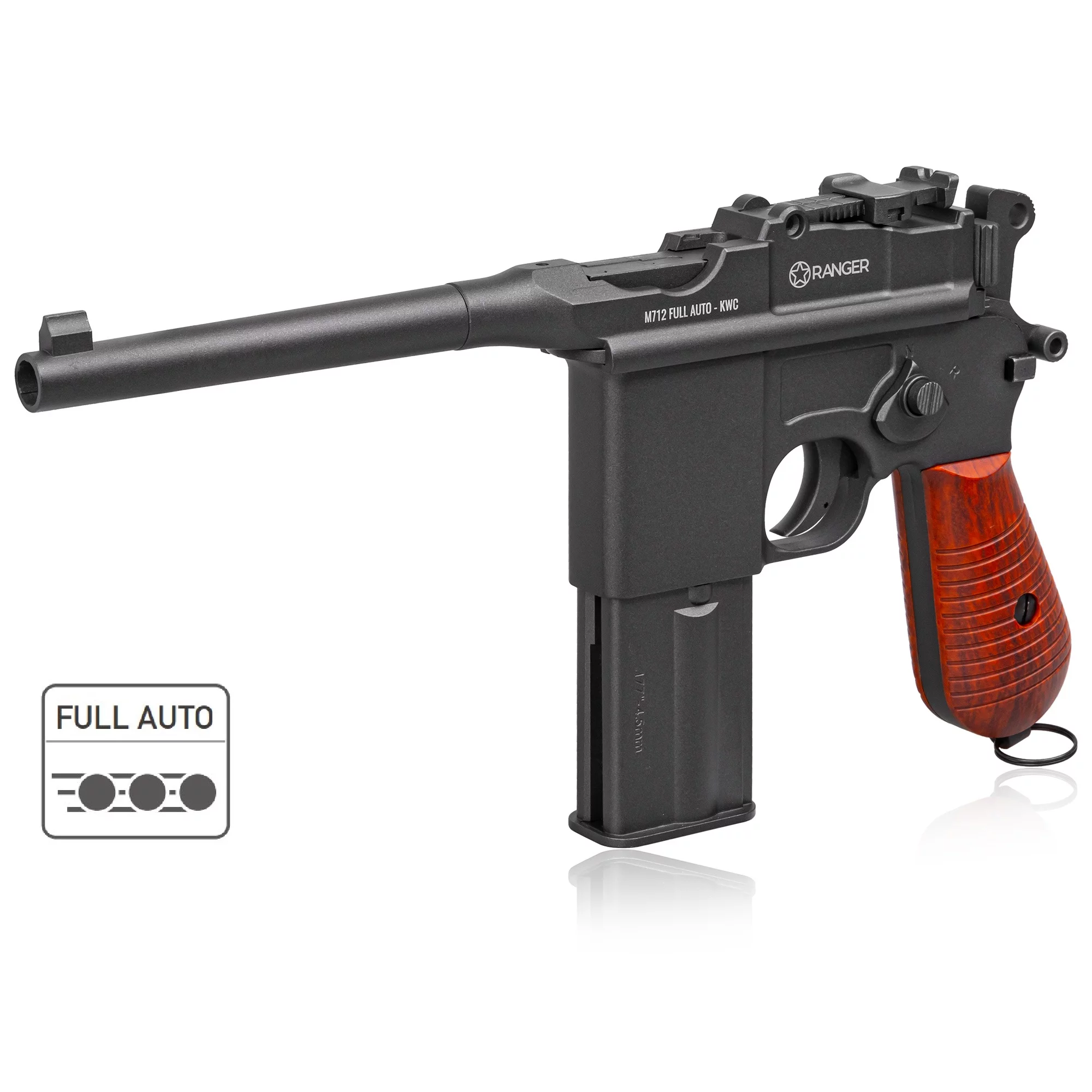 Zdjęcie produktu Pistolet wiatrówka RANGER M712 Broomhandle FULL AUTO BLOWBACK k.4,5BBs 19-strzał. KWC C96 (AAKCMF180AZB)