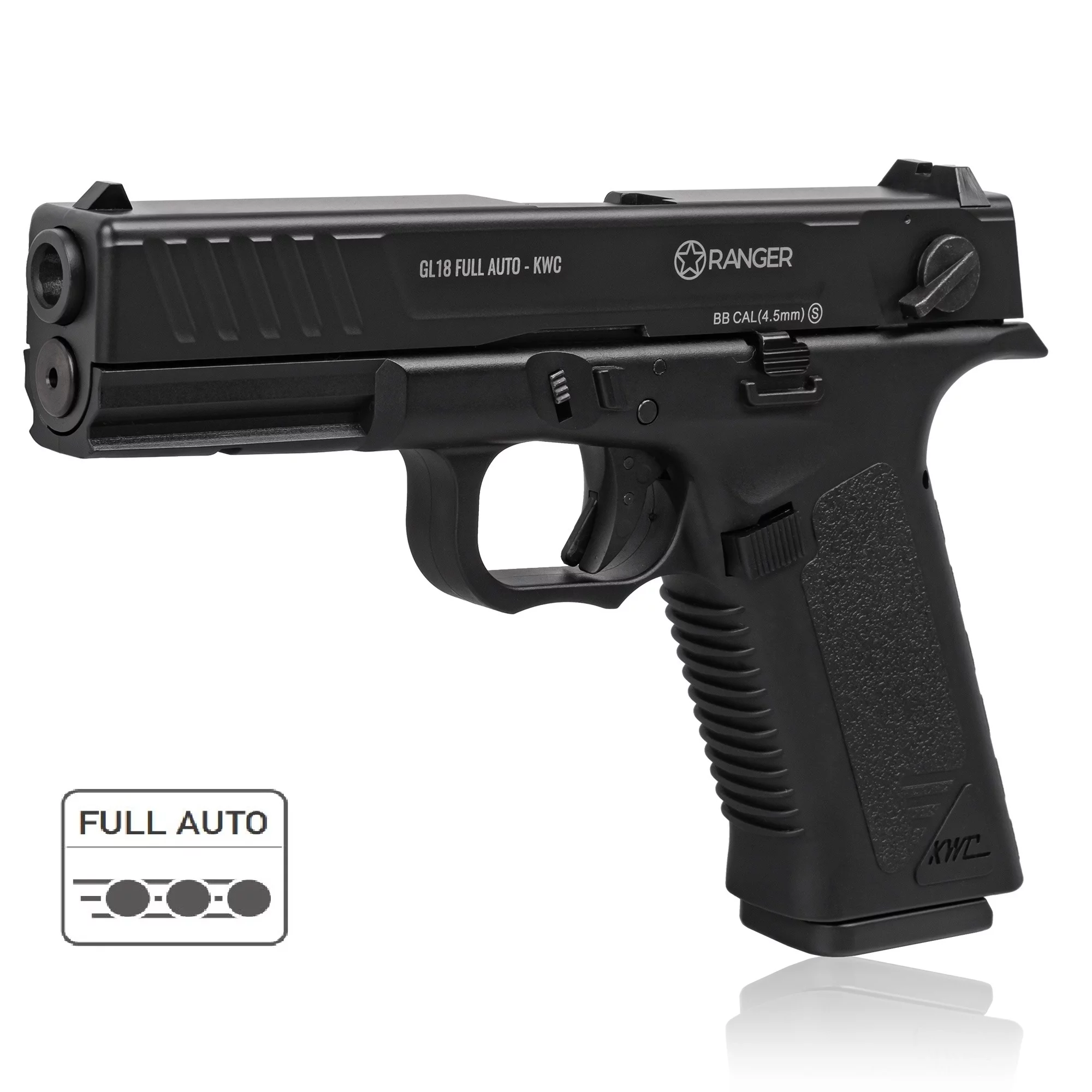 Zdjęcie produktu Pistolet wiatrówka RANGER GL18 FULL AUTO BLOWBACK k.4,5BBs 18-strzał. KWC (AAKCMF202AZB)