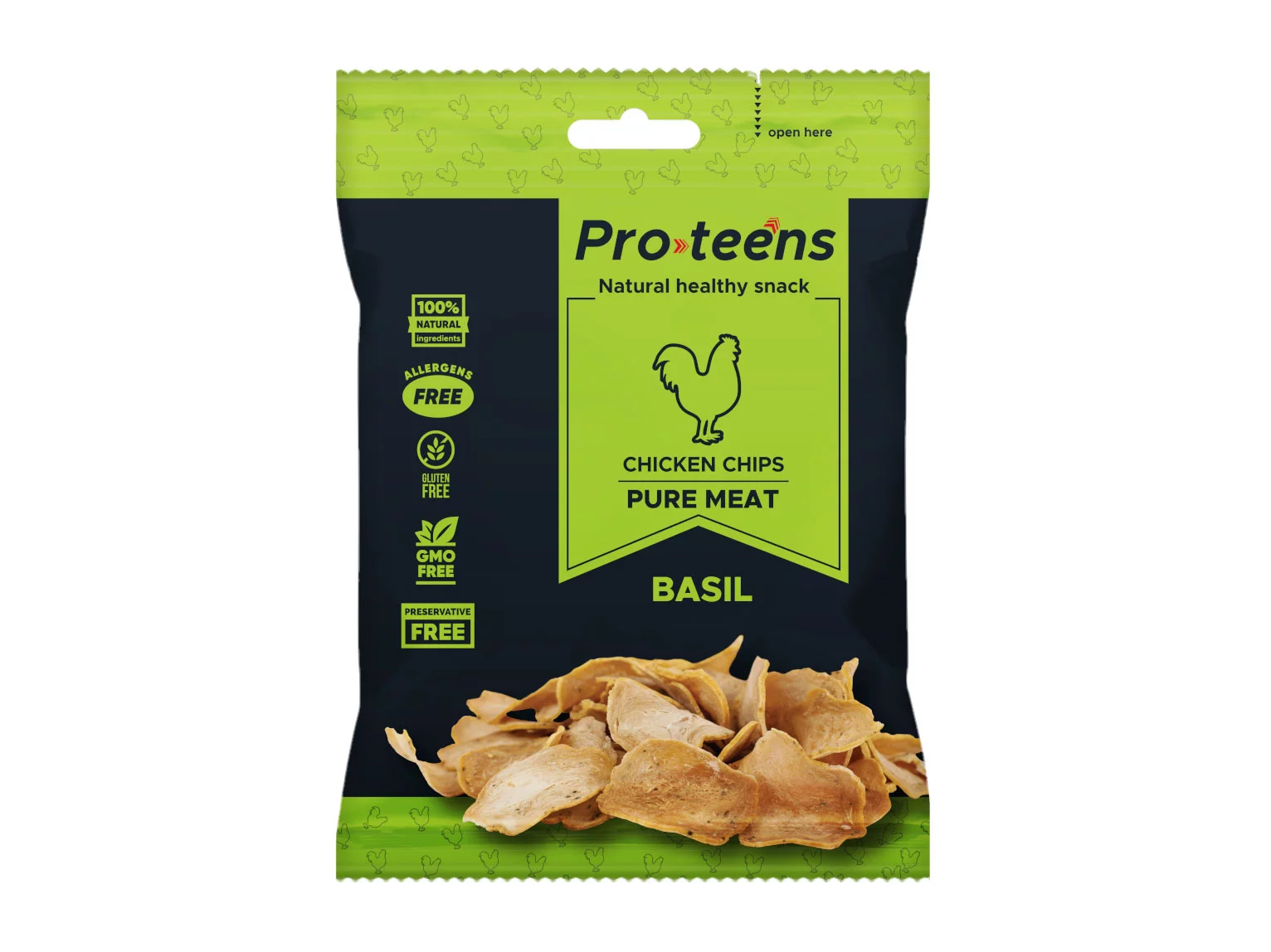 Zdjęcie produktu Chipsy z kurczaka Merzdorf Proteens Chicken Chips 15 g bazylia (551-001)