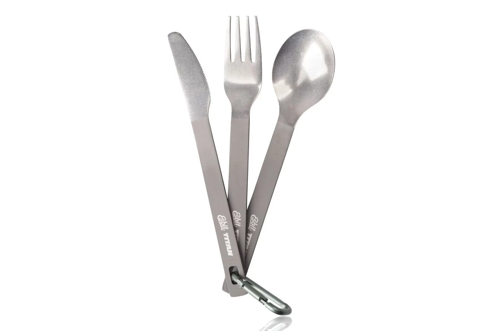 Zdjęcie produktu Niezbędnik Esbit Titanium Cutlery - zestaw: łyżka, widelec, nóż, karabińczyk, pokrowiec